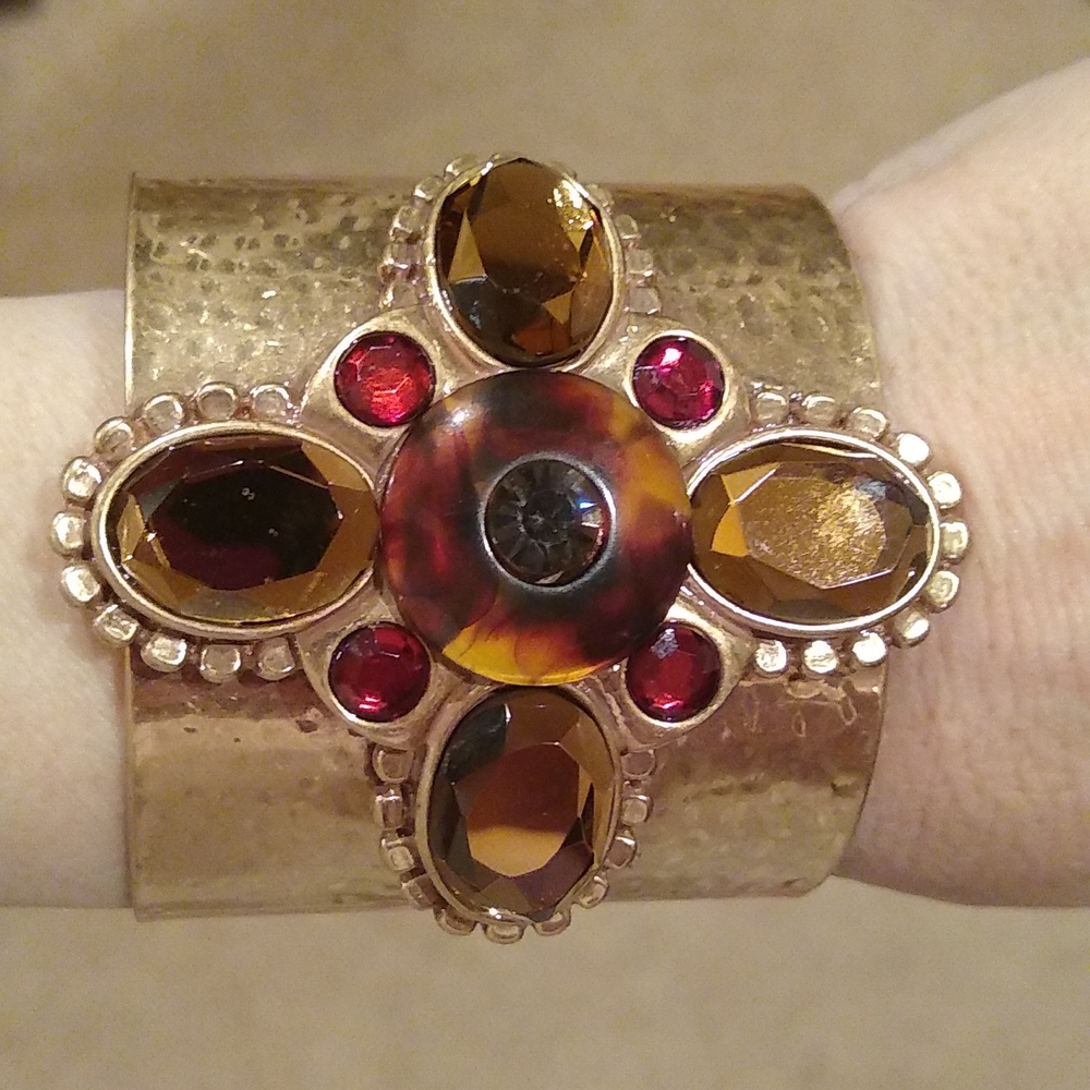 Gold Tone Wide Cuff With Tortoise cross beads brown And gold orange bracelet